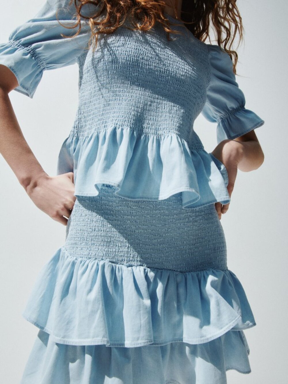 H and M Smocked Denim Skirt XL light blue Cotton 100%